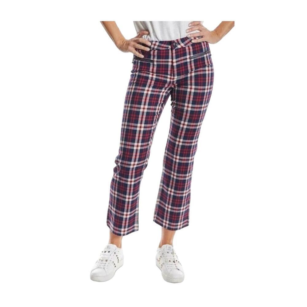Oat New York Wallace High Rise Straight Crop Plaid Pants Navy Red Women's 27 S - Picture 1 of 5